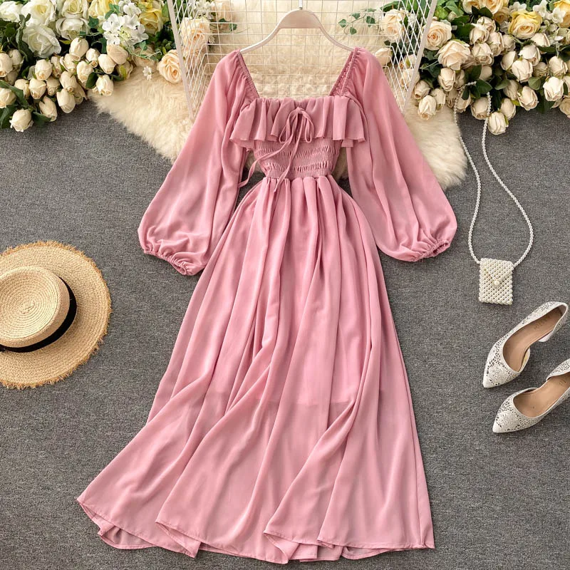 Clothing Women Latest Dress Design Female French Vintage Square Collar Western Style Puff Sleeve Elegant Dresses