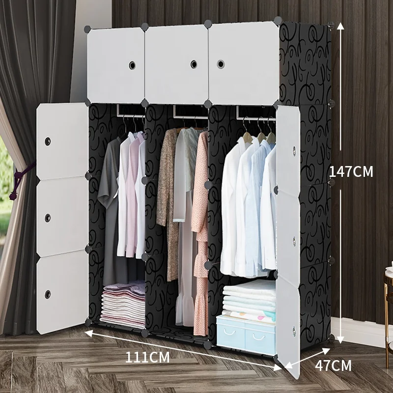 Factory wholesale 12 cubes black with white door clothes closet cabinet portable hanging armario plastic wardrobe