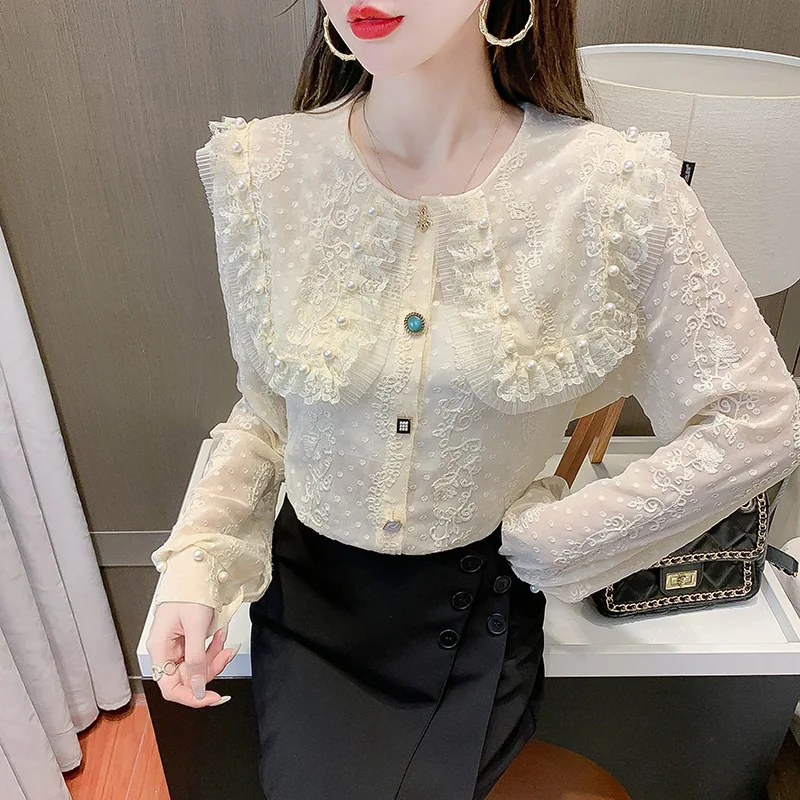 Fall 2021 Lace Pearl Lace Blouse Long sleeve Blouse for women