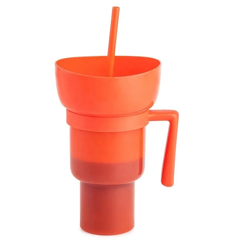 Square beverage cola cinema 2 in 1 snack and drink cup popcorn 32oz plastic cup with snack tray bowl straw