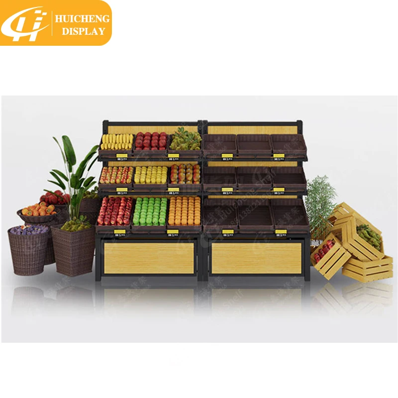 Customizable supermarket store display metal wooden fruit and vegetable stand rack and gondola shelf for sale
