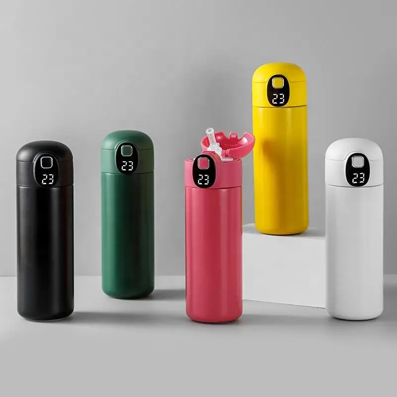 Lovely Bulk Customized 14 Oz Portable  304 Stainless Steel Temperature Smart Digital Cup Water Bottle  with Straw