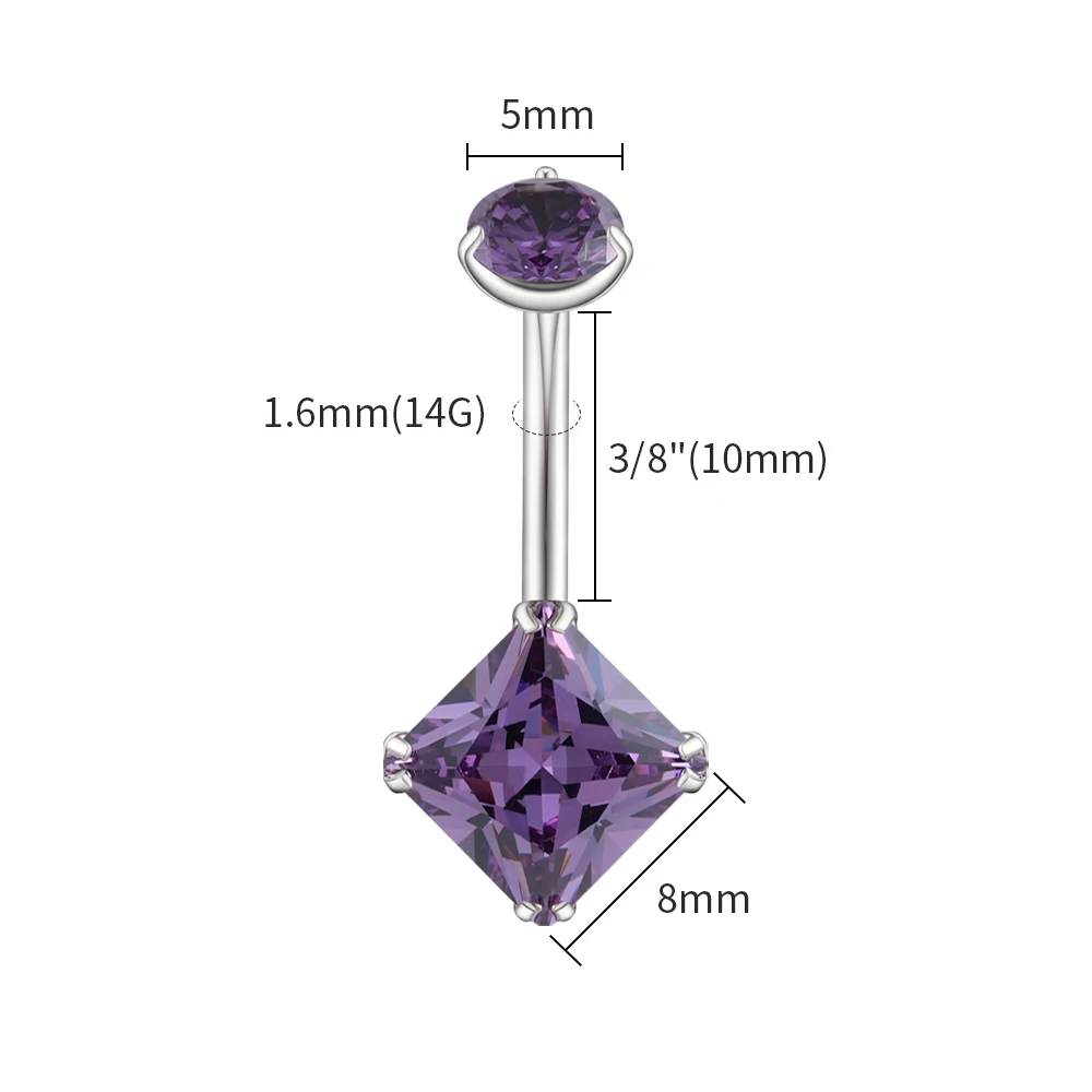 Right Grand ASTM F136 Titanium 14G Belly Button Ring Internally Threaded Navel Barbell Piercing with Square Cubic Zirconia
