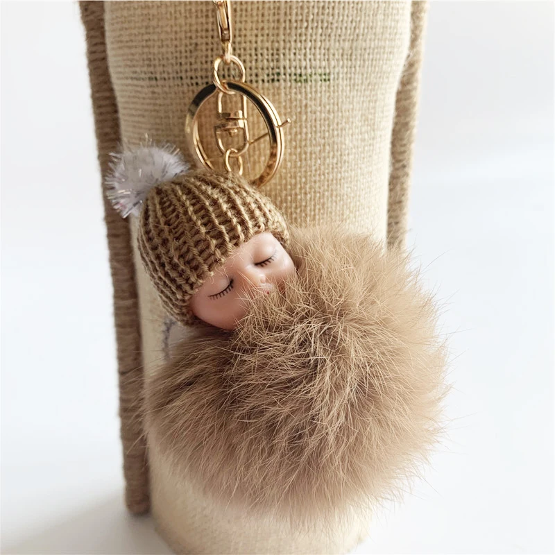 Индивидуальные буфами на рукавах с кроличьим мехом Спящий ребенок помпонами брелок для женщин сумка Шарм украшения
