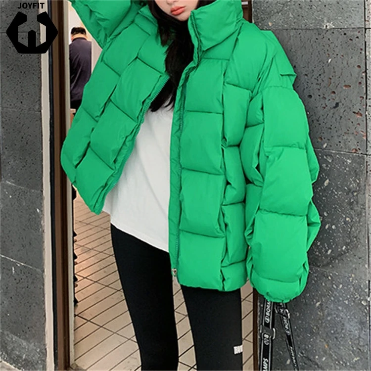 Candy Color Thick Warm Puffer Jacket Women Stand Collar Parka Three-dimensional Weave Square Korean Cotton-padded Jacket