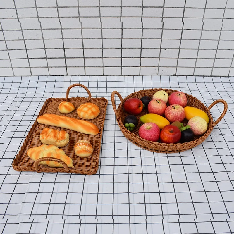 Wholesale Binaural Handle Rattan Woven Baskets Tea Set Storage Tray for Living Room Desktop Fruit Snack Tray for Bread Fruit