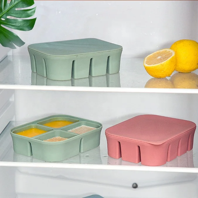 Wholesales BPA Free Safe Baby Food Storage Containers Food Grade Soft Silicone Freezer Ice Cube Tray With Silicone Lid