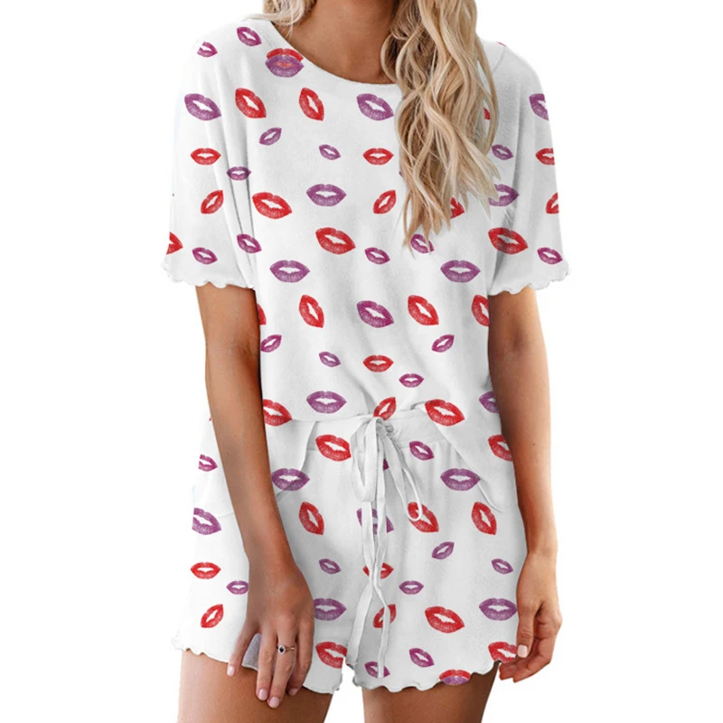 Spot Wholesale Lady Sleepwear Lips Print Short Sleeve Pajamas for Women 2 Piece