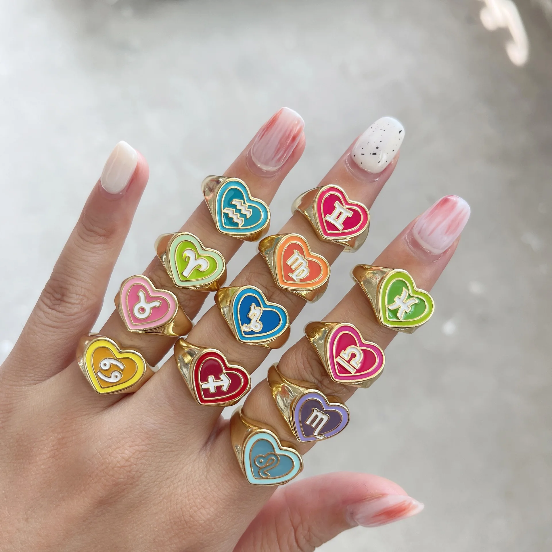 2021 Ins Design Gold Plated Colorful Heart Adjustable Ring Multicolor Enamel Heart 12 Zodiac Sign Ring For Friend
