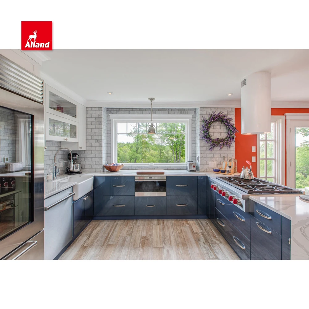 Allandcabinet High Gloss Blue Kitchen Cabinet Contemporary Curved Shaped RTA Custom Lacquer with Island With Sink For Urban Home