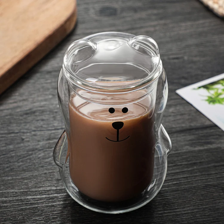 Wholesale Healthy Lovely Bear Cup Double Wall Glass Bear Cup with Glass Lid for Lovers Amber Glass Cups