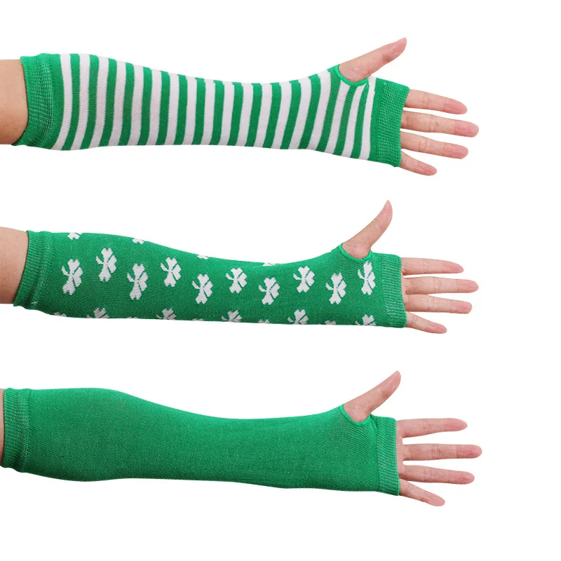 Autumn and winter long green four-leaf clover green and white striped fingerless cotton gloves