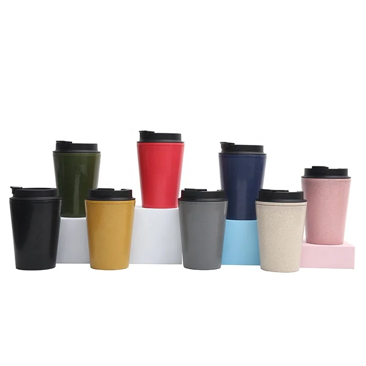 wholesale custom bulk 12oz wheat straw fiber coffee cup with lid PP plastic cups double wall reusable coffee tumblers