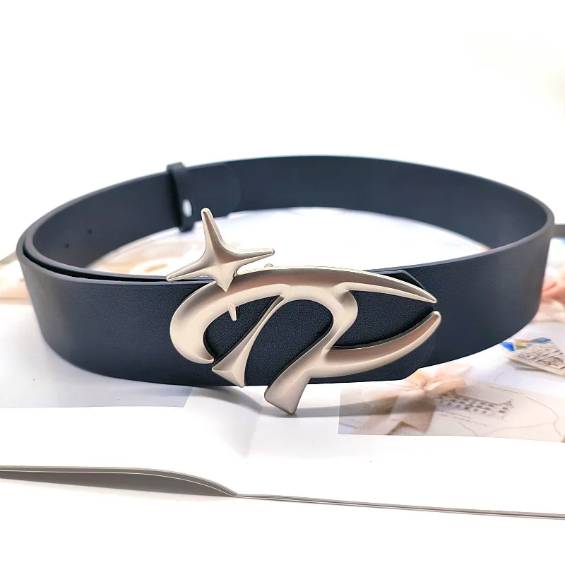 American niche ins style retro letters star metal buckle design feeling PU leather belt with all fashion belt