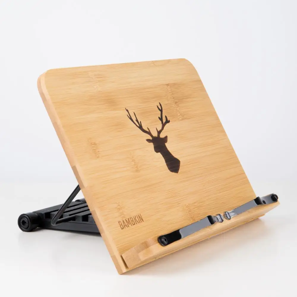 
Bamboo Book Stand Adjustable Portable Copyholder Foldable Reading Desk Cookbook Music Bookstand Holder with Vintage Antlers 