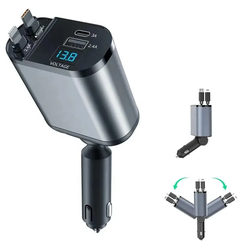 120W 4 In 1 Fast Charging Car Charger Retractable USB-C Cable Mulitport Car Phone Charger PD 60W Car Charger Cigarette Lighter