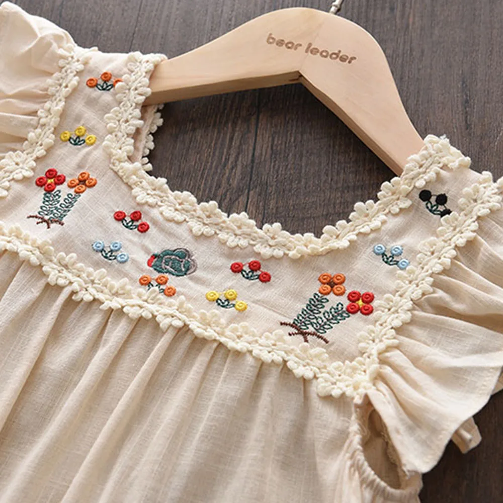 Bear Leader Girls Flower Embroidered Dress Summer Retro Flying Sleeve Princess Dresses Children Casual Clothes Fashion 2-6 Years