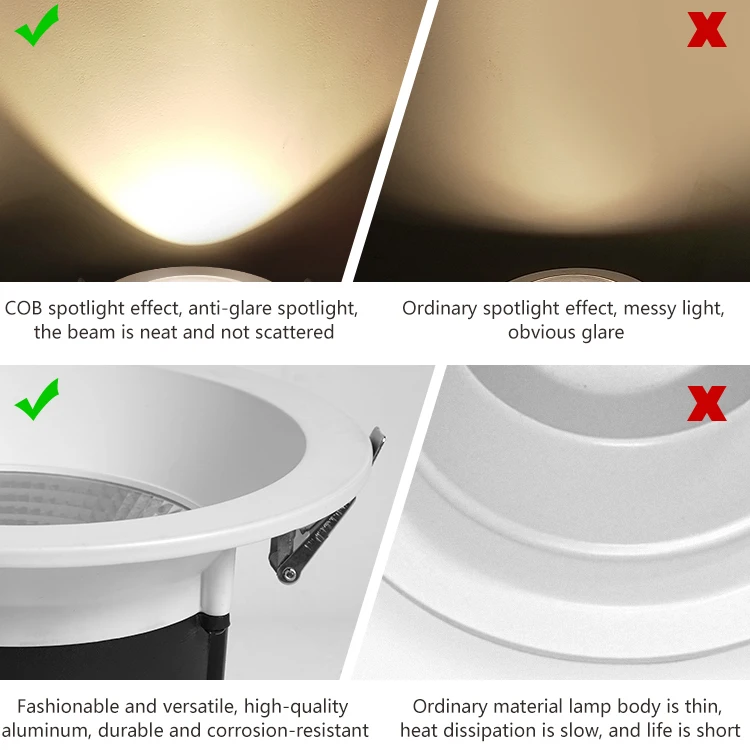 Long Service Life Commercial Ceiling Spot Light Hotel Aluminum Recessed LED COB Spotlights