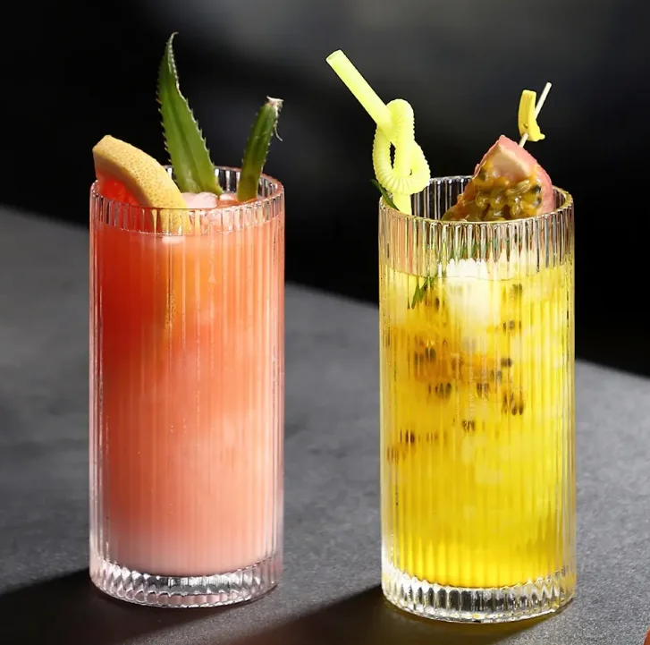 Vintage Vertical Striped Glass Cup Transparent Origami Style Ribbed Drinking Glasses