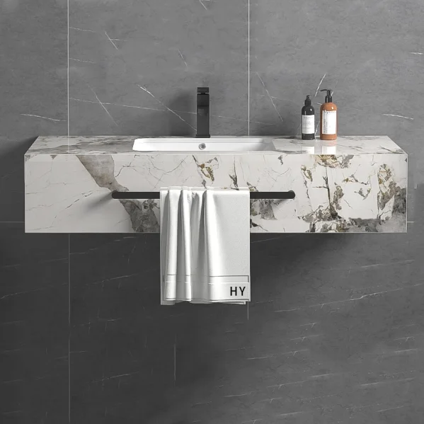 Hotel Wall Mount Marble Sintered Stone bathroom vanity cabinet with ceramic basin and towel shelf