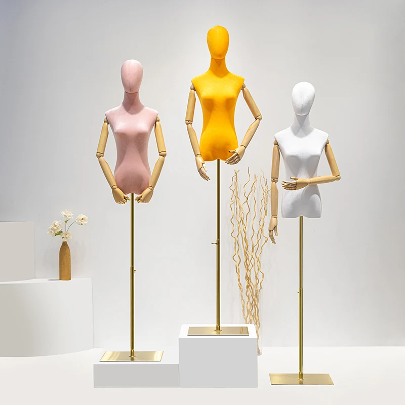 Window Clothing Display Female Half-Body Mannequins Dummy Models Woman Adult Velvet Dress Form Lady Mannequin with Wooden Arms
