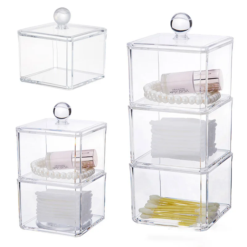 Amazon Hot Sale High Quality Cube Cotton Ball Swab Holder Acrylic Jewelry Box Organizer Acrylic Storage Box With Lid