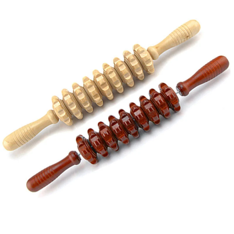 Natural Wooden Bamboo Stick Massager 9 Roller Neck Body Backside Massager