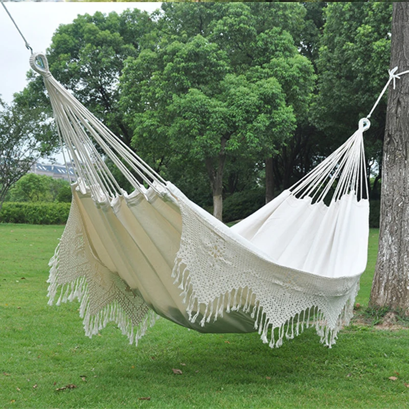 
handmade double hanging tree Bohemian Indoor White Tassel cotton rope fabric beadh fringe macrame swing hammock 
