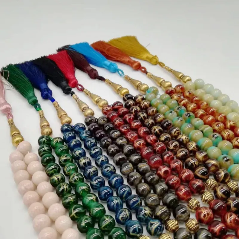 10mm Islamic Tasbih Muslim Rosary 33 Beads Prayer Rosary For Men Bracelet Accessory Glass Tassel Muslim Rosary for Pray