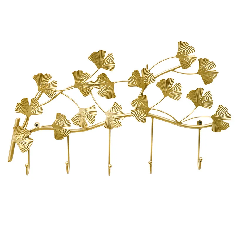 YJL Factory Modern 5 Hooks Wall Organisation Creative Golden Ginkgo Leaves Metal Hanging Coat Racks Storage Hooks Wall Hooks