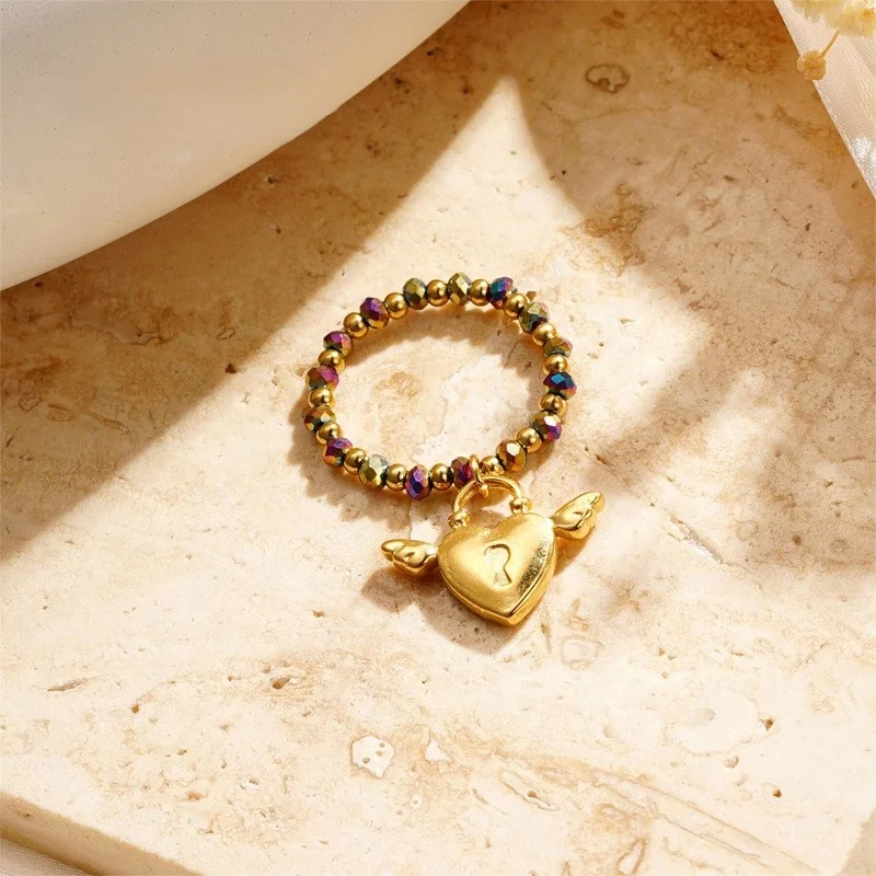 Hot Selling Trendy Stainless Steel Lock Dolphin Magic Wand Elastic Bead Ring Handmade Bead Ring For Women