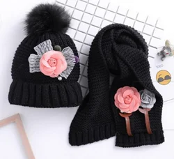 Baby Girls Knitted Hat Scarf Set Boys Kids Warm  Faux Fur Pom Crochet Skull Cap Beanie Hats