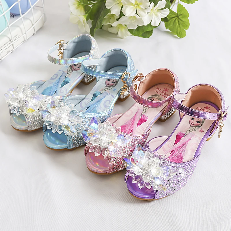 European Style Pink Girls Princess Shoes Bow Children Crystal Shoes Little Girls Shiny Party Dress High Heels
