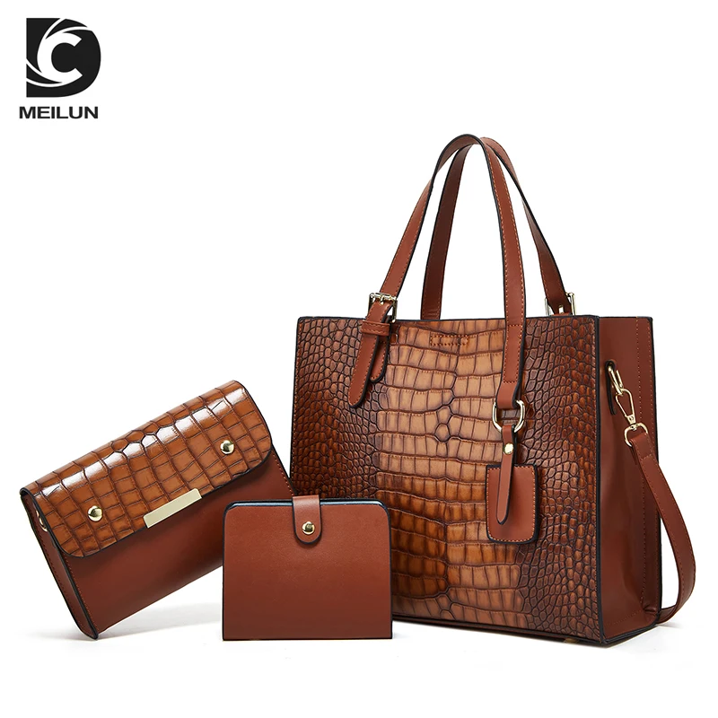 New fashion PU leather women shoulder bag 3 pcs hand bag and wallet wholesale