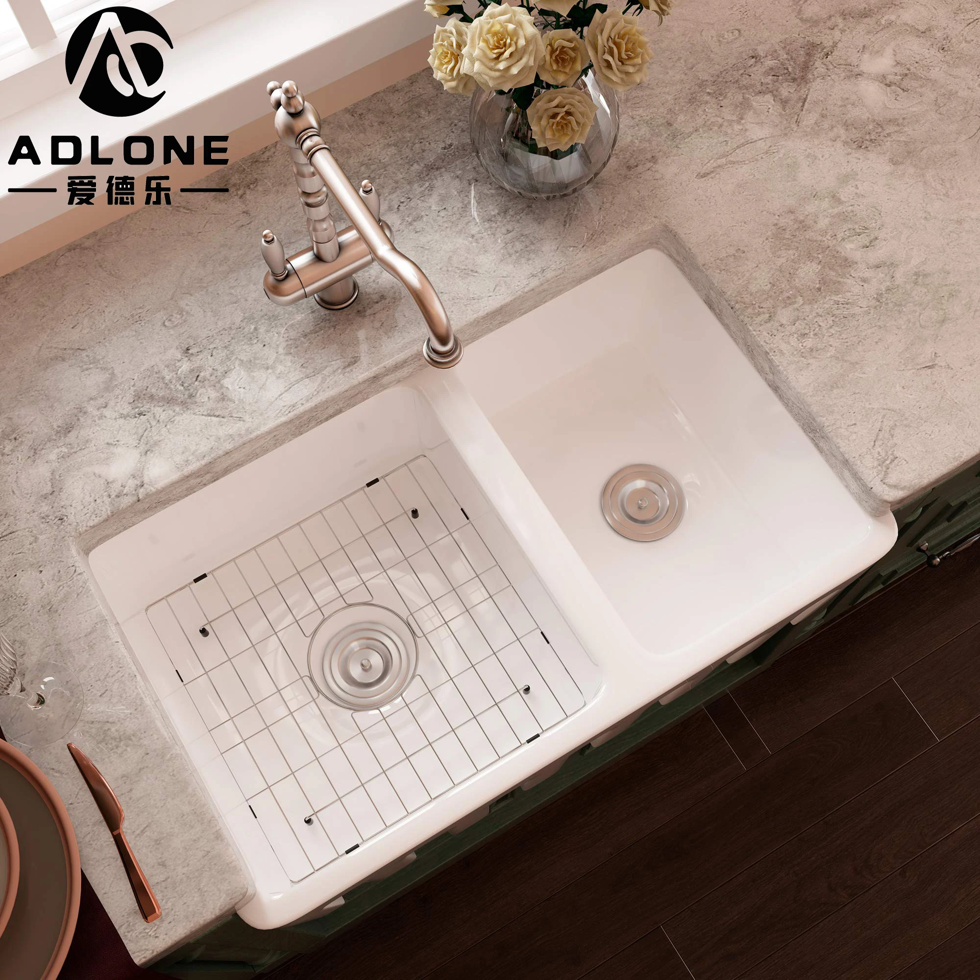 North America 3020f Wholesale Ceramic Deep Farmhouse Large Fluted Double Bowl Kitchen Sink