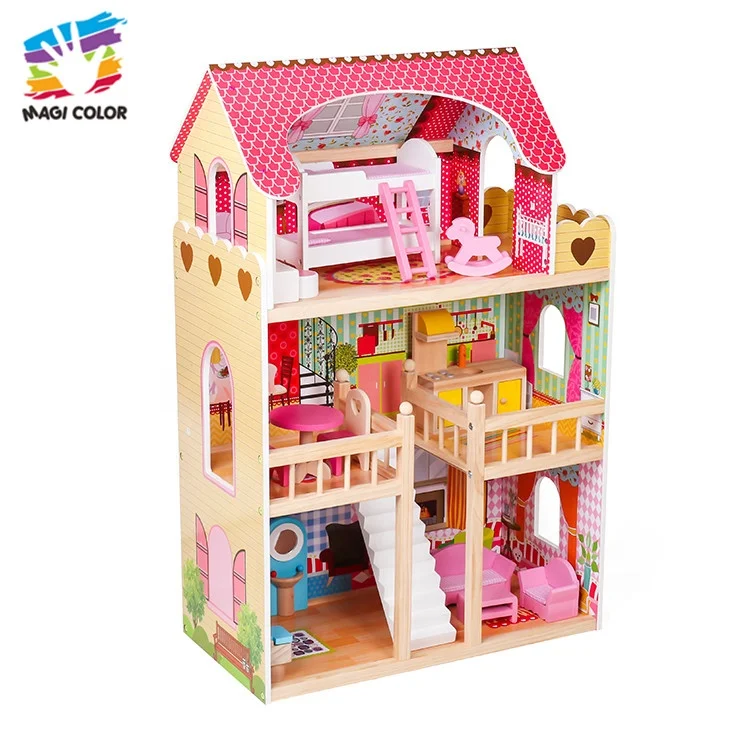 
Ready To Ship best design miniature pink girl wooden doll house for pretend play W06A163C 