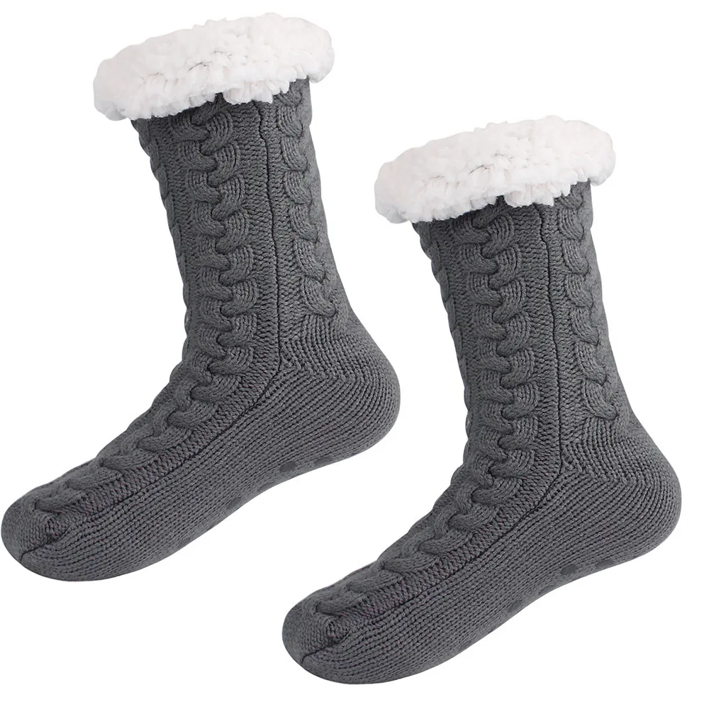 Socksmate Custom winter women warm polar fleece non slip grips knitting thick home woolen heated indoor floor shoes socks