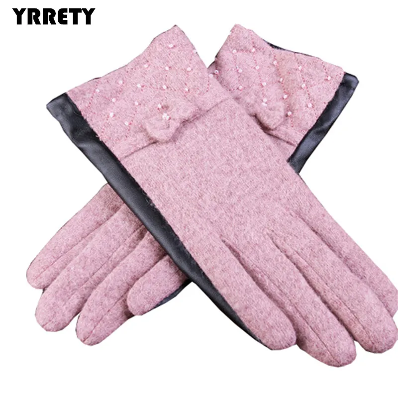 
YRRETY Solid Color Women Gloves Touched Screen Velvet PU Leather Mittens Sheep Full Fingers Warm Bowknot Winter Wool Glove 
