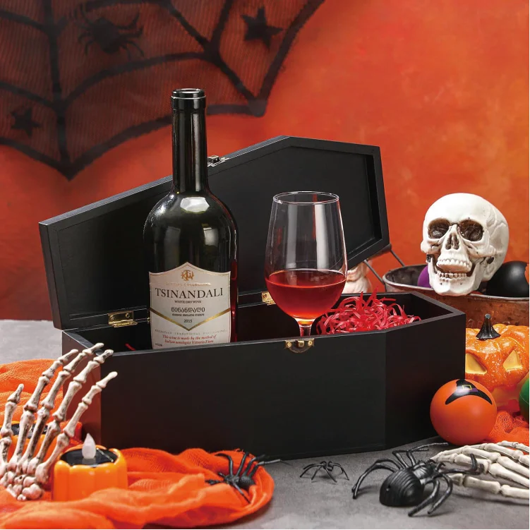 Halloween Coffin Box Coffin Wine Gift Box with Red Raffia Paper Black Painted Wood Coffin Shaped Treat Box