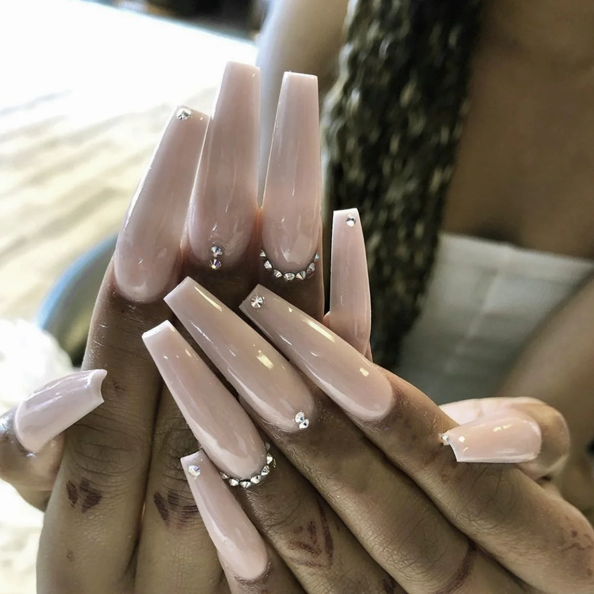 Milk Tea Color French Tip Coffin Full Cover Nails Art Long Ballerina Rhinestone Detachable False Nails Press On Nails tips