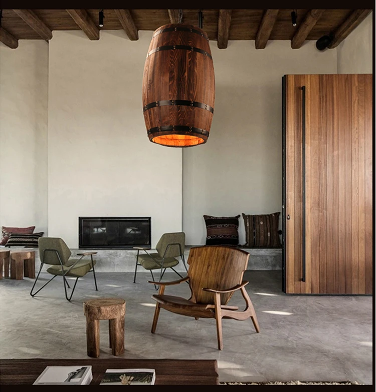 Wood Wine Barrel Hanging Fixture Pendant Lighting Suitable For Bar Cafe Lights Ceiling Restaurant Barrel Lamp Exhibition Display