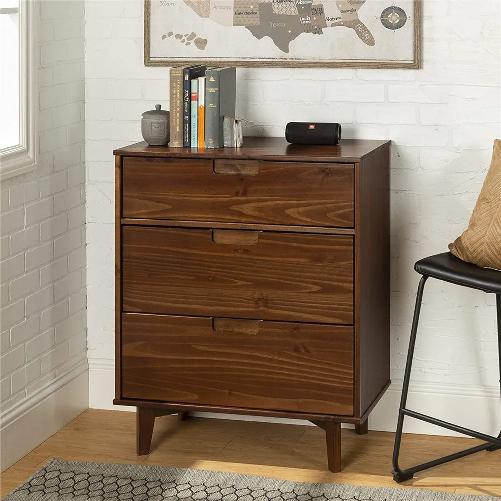 Mid Century Modern Grooved Handle Wood Dresser Bedroom Storage 3 Drawer Organizer Vintage Wooden Chest