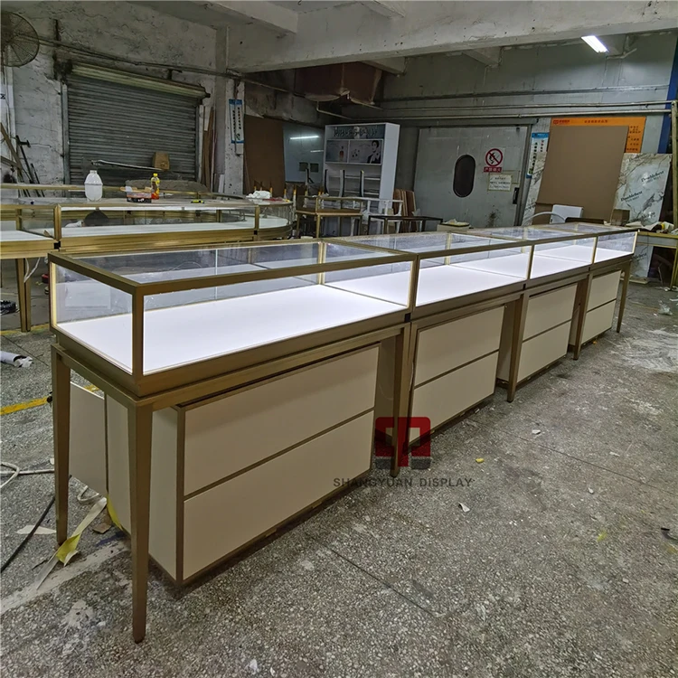 Luxury store metal stainless steel glass showcase High-end jewelry store display counter Leather hard case locker
