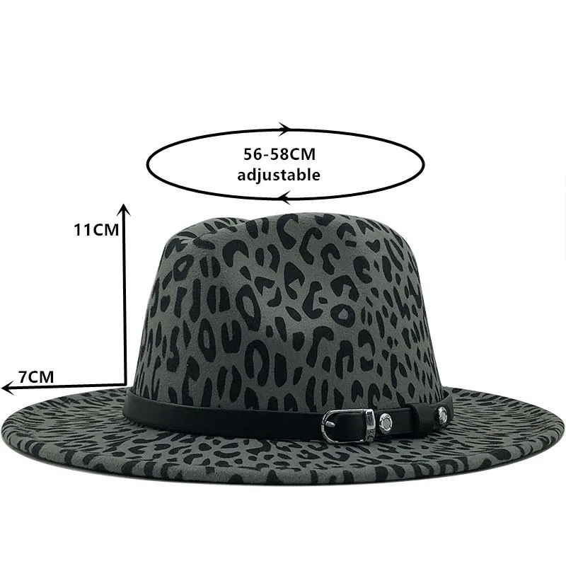 
Fashion Leopard Wool Felt Music Festival Party Cowboy Hats Men Women Fedora Hats with Leather Belt Buckle Wide Brim Panama Hats 