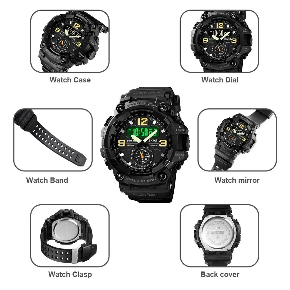 SKMEI 1637 Outdoor Military Men Watches Camouflage PU Waterproof Wristwatches Casual Sport Style Digital Dual Display Male Clock