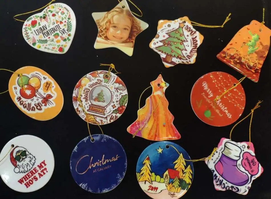 Factory Sale white blank shatterproof ceramic sublimation ornaments round heart shape printable home christmas garden ornament