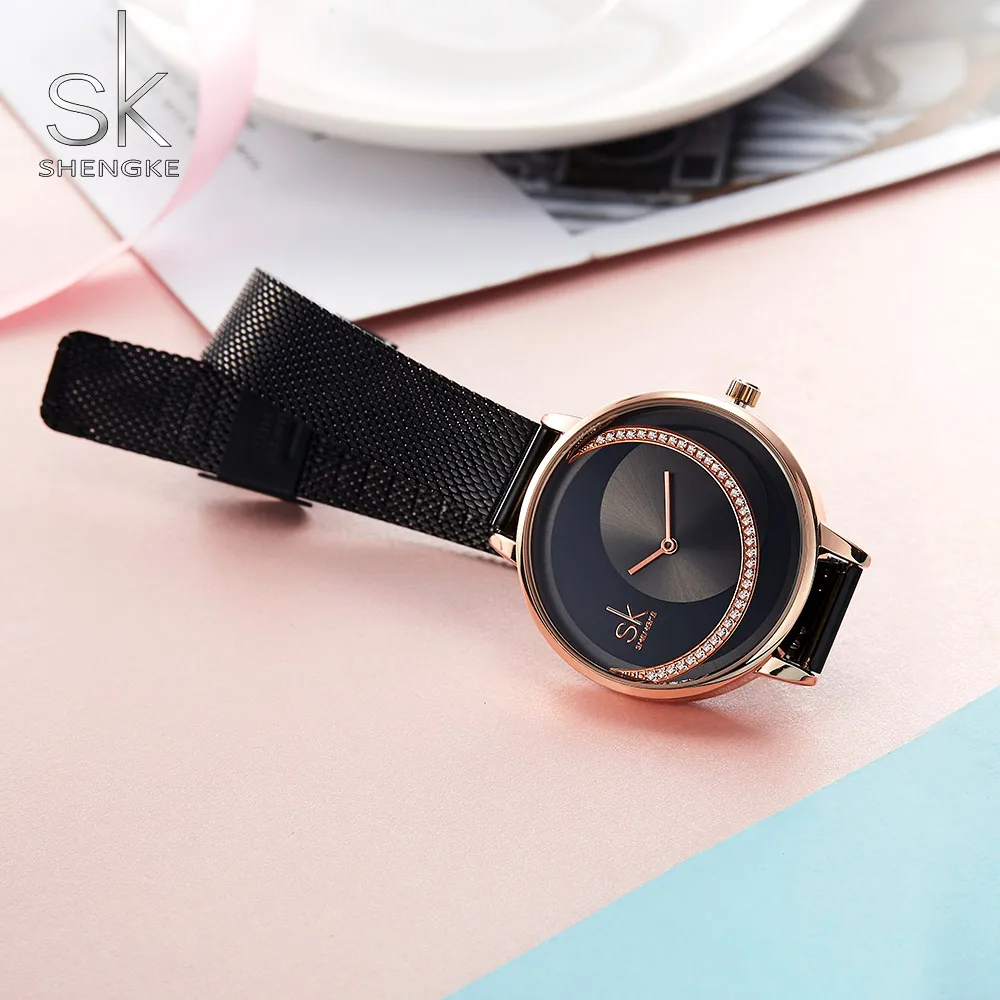  SHENGKE часы женские креативные черные сетчатые кварцевые Relogio Feminino Montre Femme