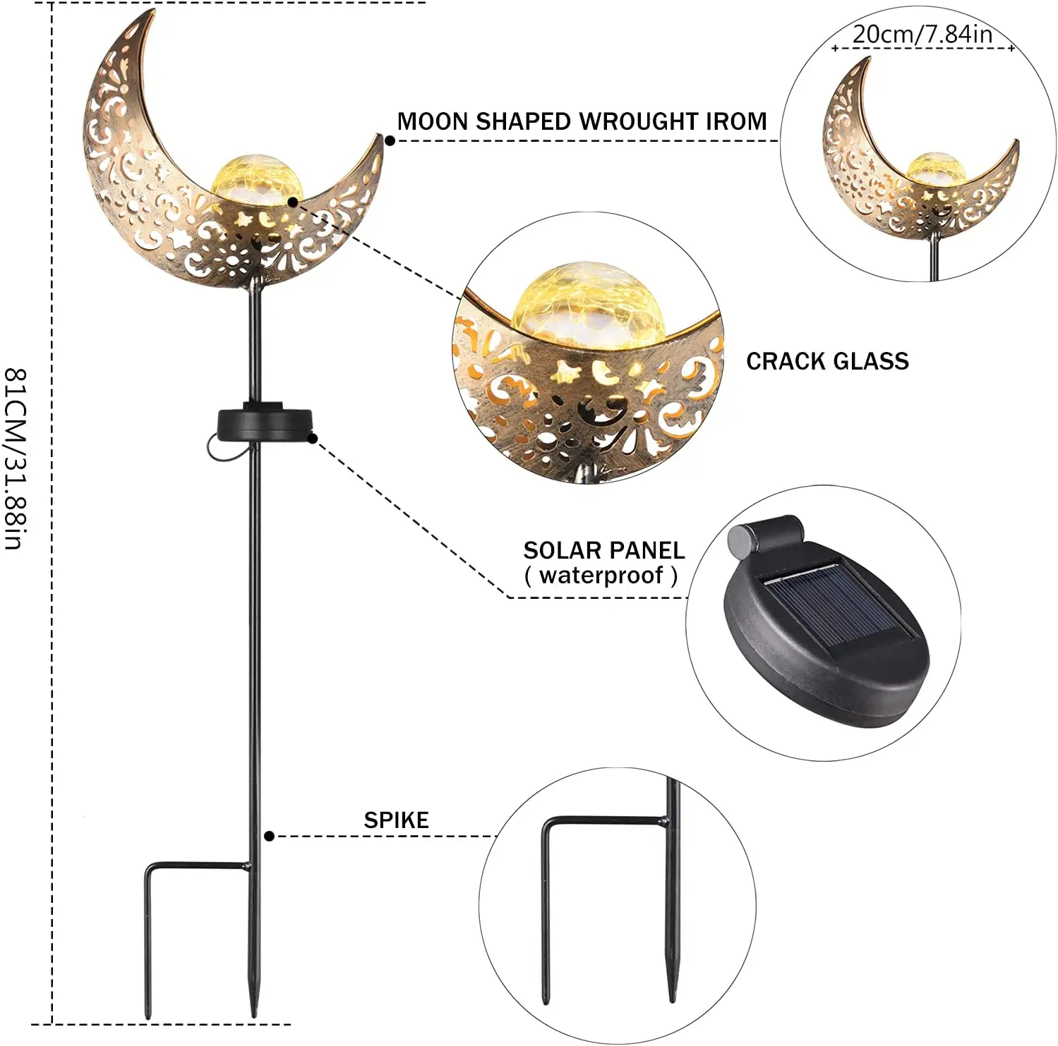 Warm White Outdoor Metal Bronze Moon Crackle Glass Globe Solar Powered Retro Stake Lights for Pathway Lawn Patio Courtyard Decor