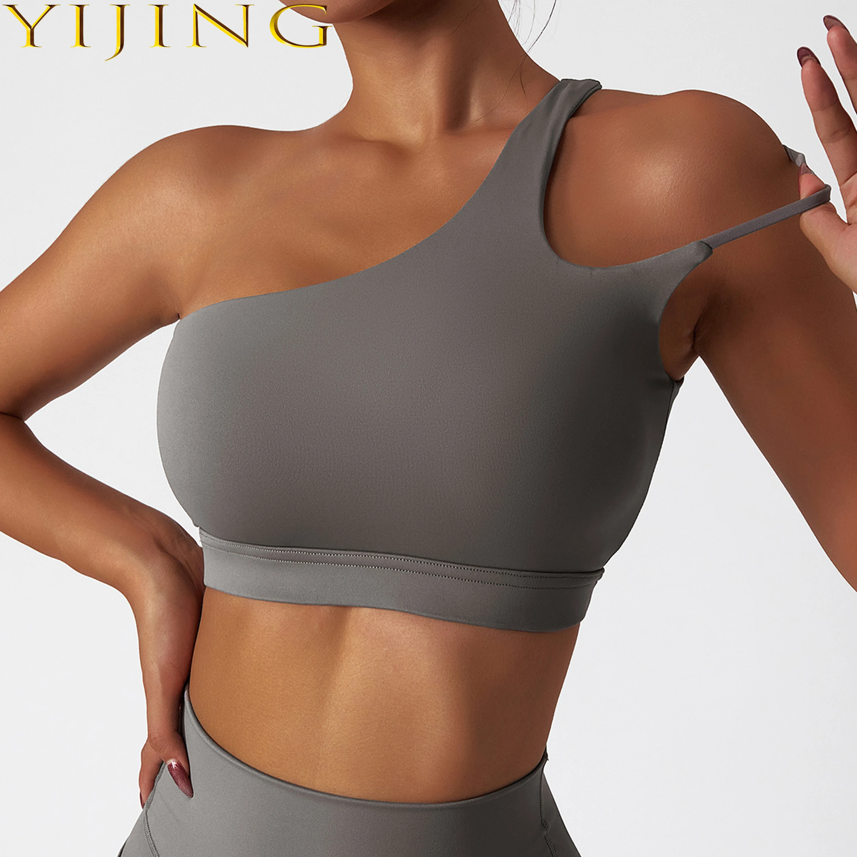High Quality Designer Custom Nylon Spandex Fitness Yoga Wear Gym Workout One-Shoulder Sports Bra For Women