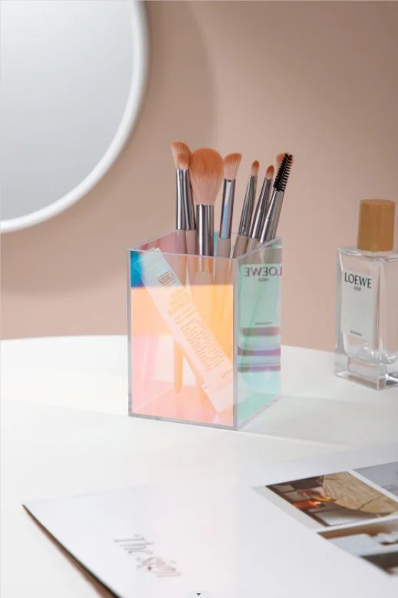 Custom Rainbow Acrylic Makeup Brush Organizer Iridescent Acrylic Storage Box Acrylic Pen Holder